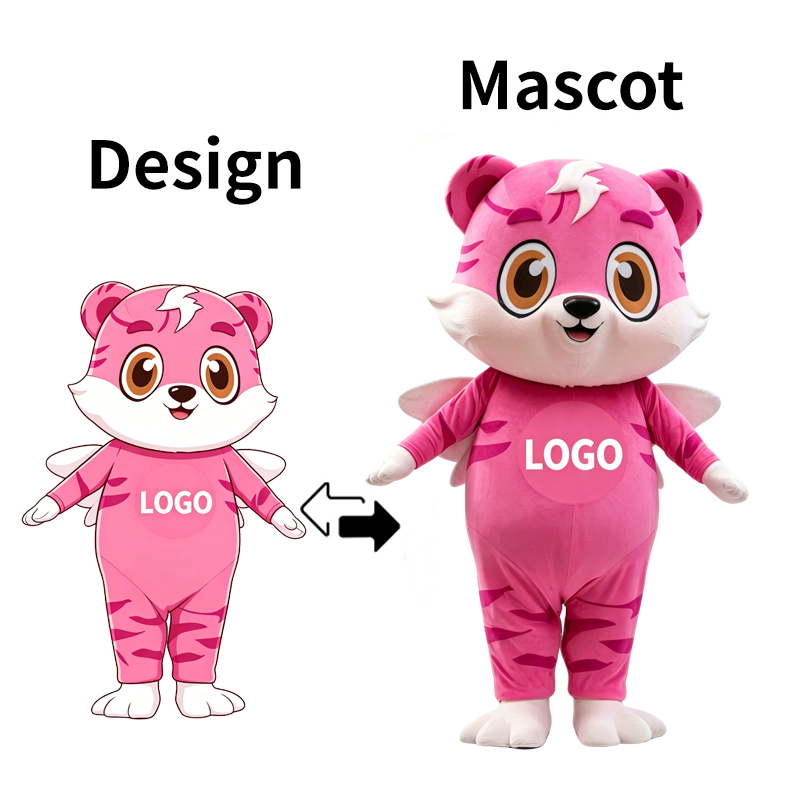 Custom pink tiger mascot costume with large brown eyes, white cheeks, pink striped body, small white wings and LOGO text, shown beside its cartoon design.