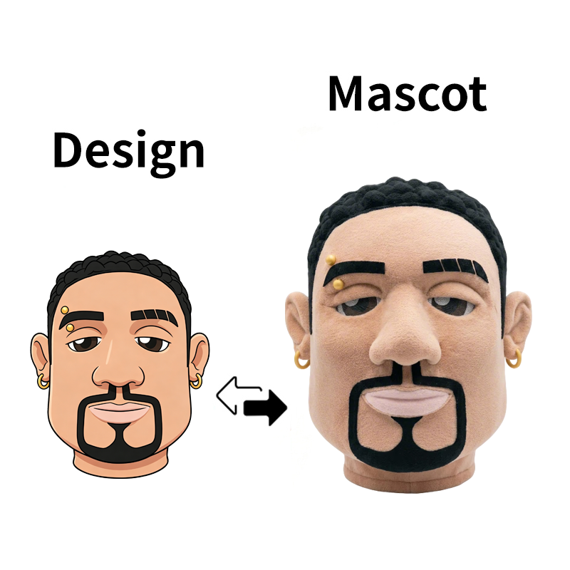 Custom human character mascot head with short black hair, thick eyebrows, sculpted beard and facial details, displayed beside its original character design.