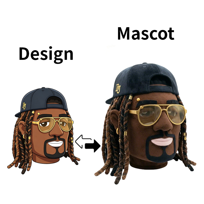 Custom hip-hop character mascot head with dreadlock-style hair, black backward baseball cap, gold-framed glasses and beard, shown beside its original design.