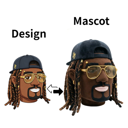 Custom hip-hop character mascot head with dreadlock-style hair, black backward baseball cap, gold-framed glasses and beard, shown beside its original design.