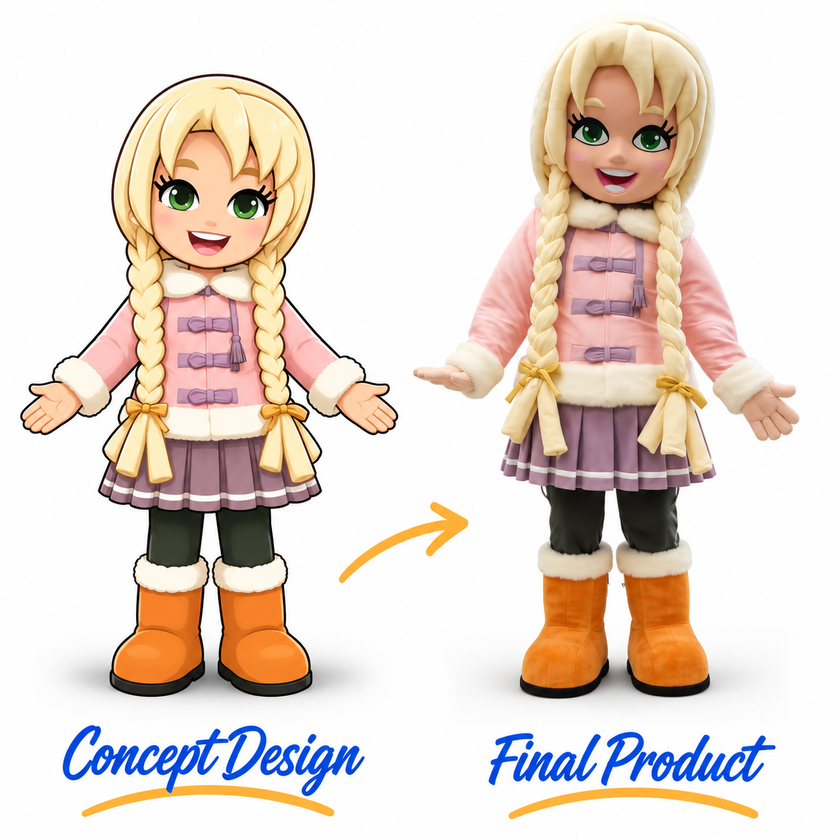 Full-body cartoon girl mascot costume with long blonde braids, green eyes, pink winter jacket, pleated skirt and tall brown boots.
