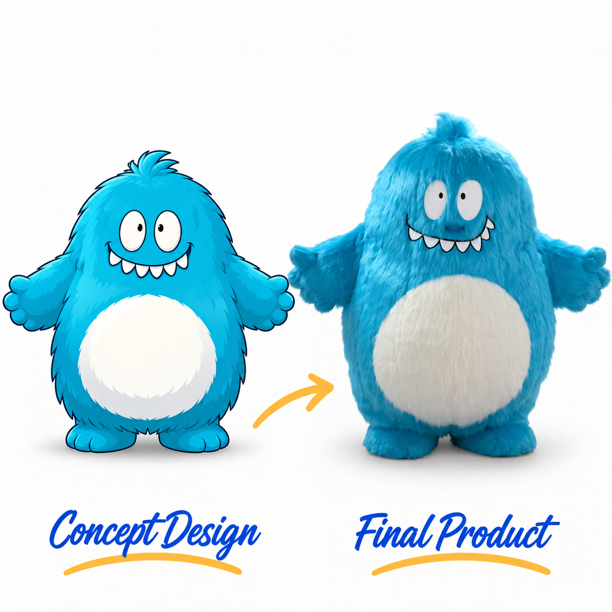 Bright blue furry monster mascot costume with a rounded body, large cartoon eyes, smiling mouth and white belly.