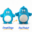 Bright blue furry monster mascot costume with a rounded body, large cartoon eyes, smiling mouth and white belly.