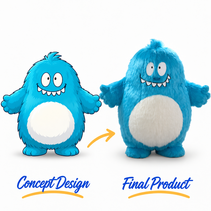 Bright blue furry monster mascot costume with a rounded body, large cartoon eyes, smiling mouth and white belly.