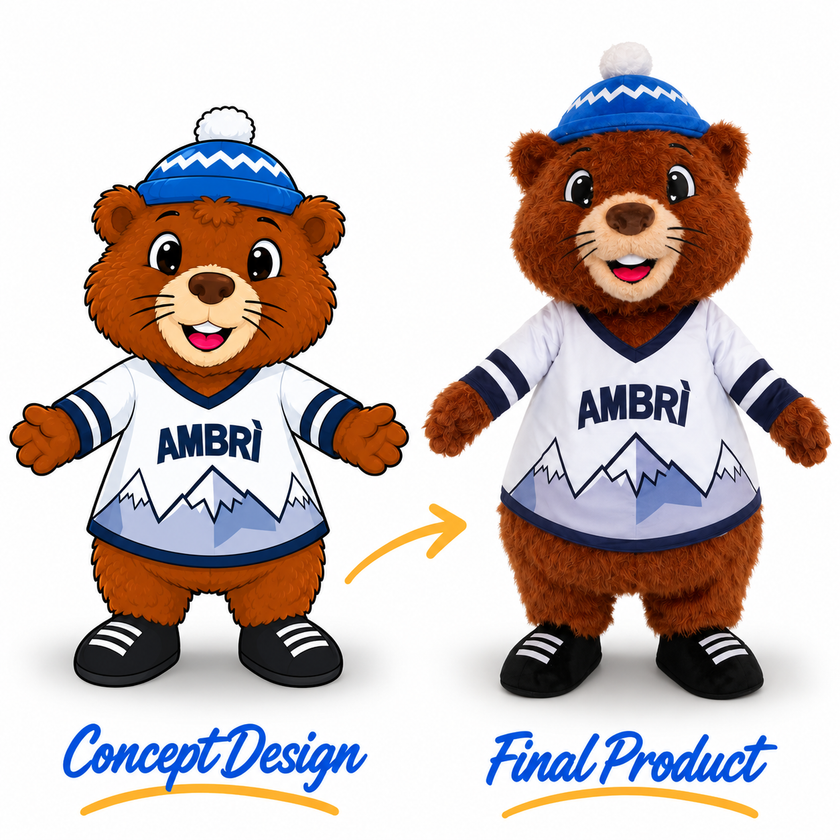 Brown furry bear mascot costume wearing a blue pom-pom hat, white mountain-pattern sports jersey and black shoes.