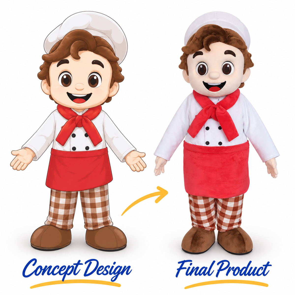 Custom cartoon chef mascot costume with a white chef hat, brown curly hair, red neckerchief, red apron, checkered pants and brown shoes.