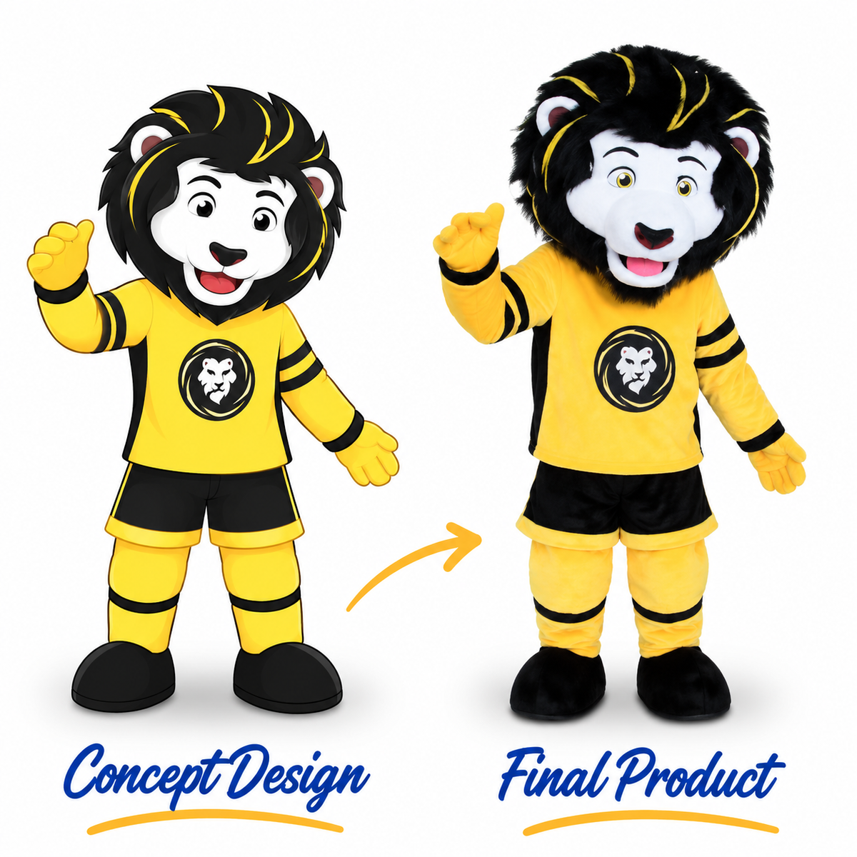 Side-by-side comparison of a custom yellow and black lion mascot costume concept design and finished adult wearable mascot, featuring a sports jersey, black mane, and matching shorts.