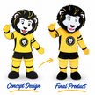 Side-by-side comparison of a custom yellow and black lion mascot costume concept design and finished adult wearable mascot, featuring a sports jersey, black mane, and matching shorts.