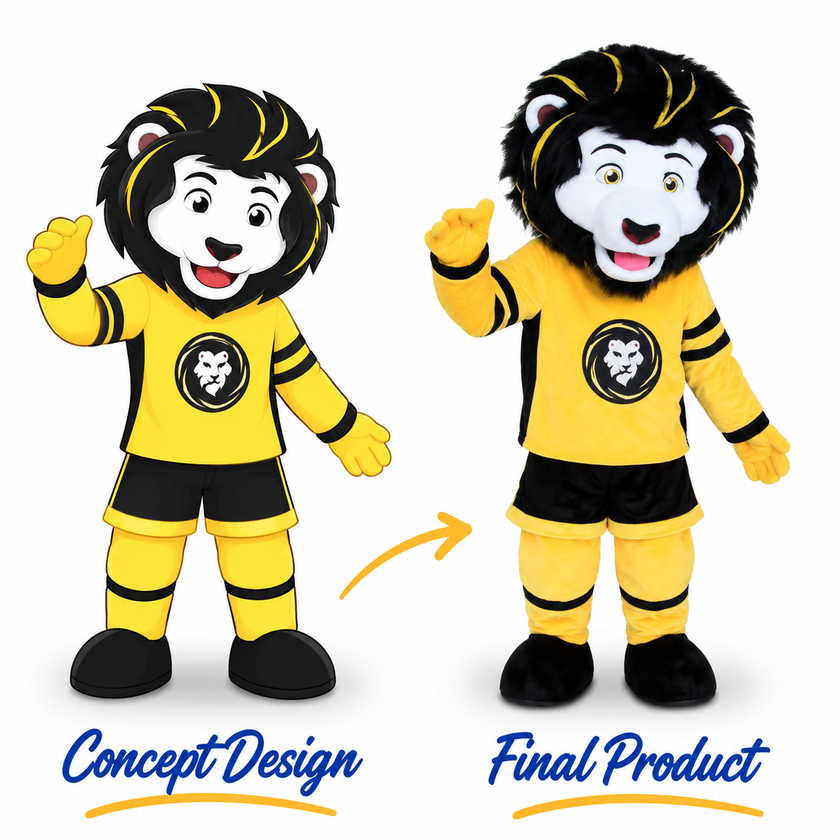 Side-by-side comparison of a custom yellow and black lion mascot costume concept design and finished adult wearable mascot, featuring a sports jersey, black mane, and matching shorts.