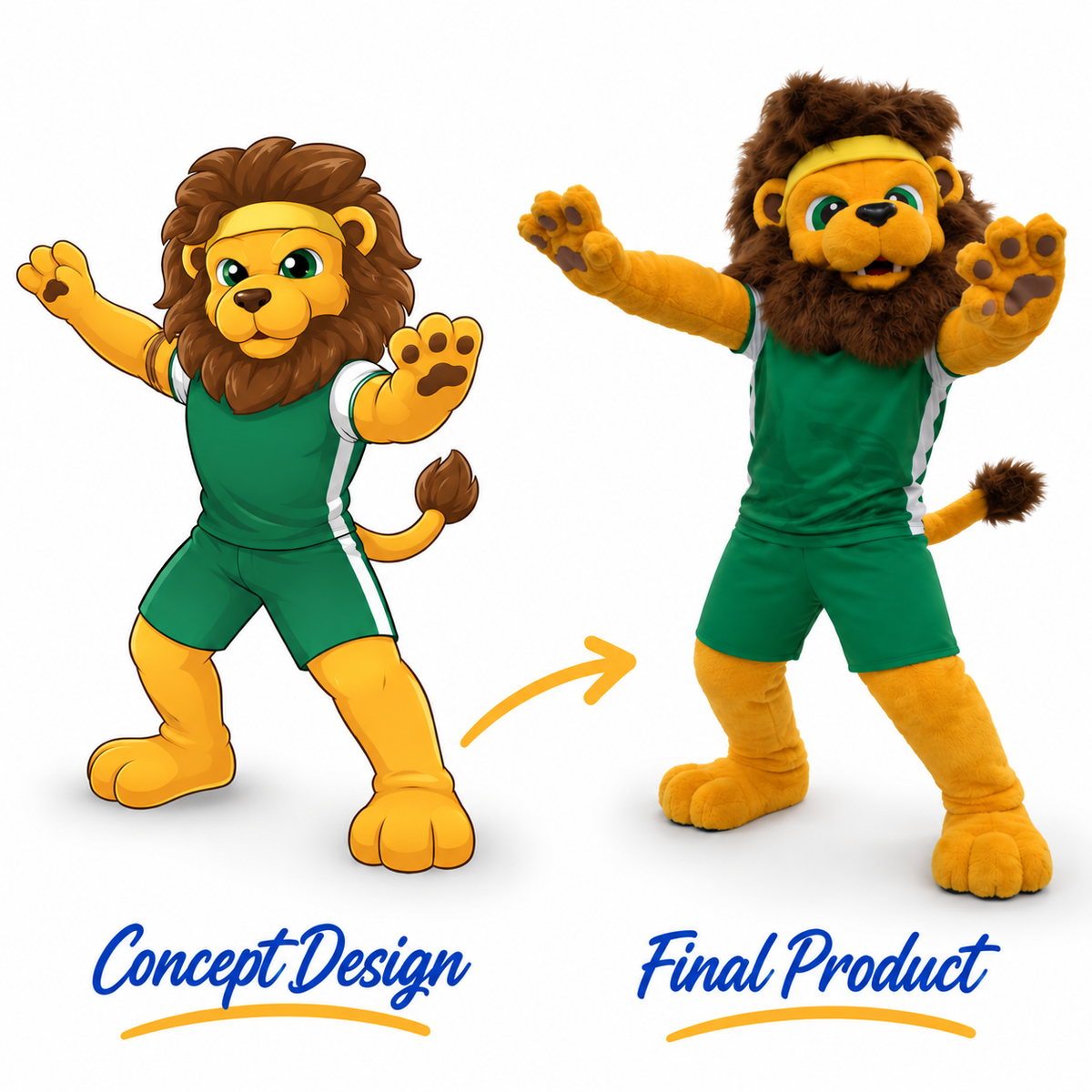 Golden-yellow lion mascot costume with a brown mane, green sports jersey and matching green shorts.