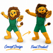 Golden-yellow lion mascot costume with a brown mane, green sports jersey and matching green shorts.
