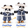 Black-and-white panda mascot costume wearing a wide-brimmed hat, gray traditional robe with white trim and brown shoes.