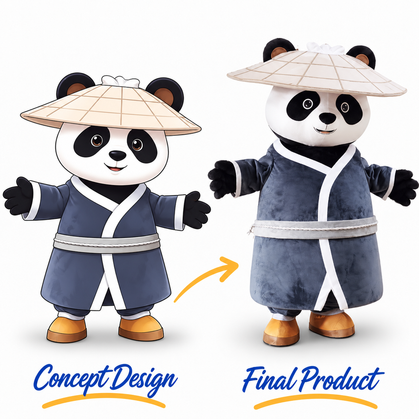 Black-and-white panda mascot costume wearing a wide-brimmed hat, gray traditional robe with white trim and brown shoes.