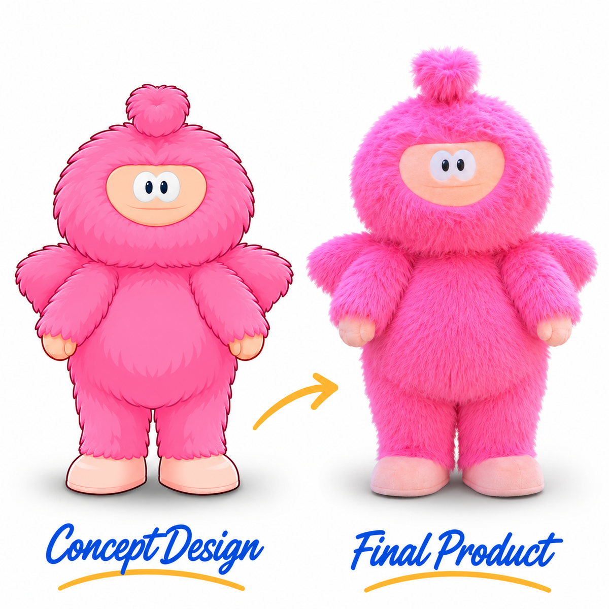 Full-body pink furry monster mascot costume with long fluffy fur, rounded body, small head tuft and light-colored feet.