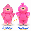 Full-body pink furry monster mascot costume with long fluffy fur, rounded body, small head tuft and light-colored feet.