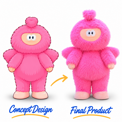 Full-body pink furry monster mascot costume with long fluffy fur, rounded body, small head tuft and light-colored feet.