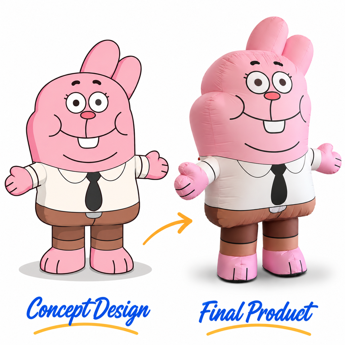 Large pink inflatable rabbit mascot costume with long ears, buck teeth, white shirt, black tie and rounded inflatable body.
