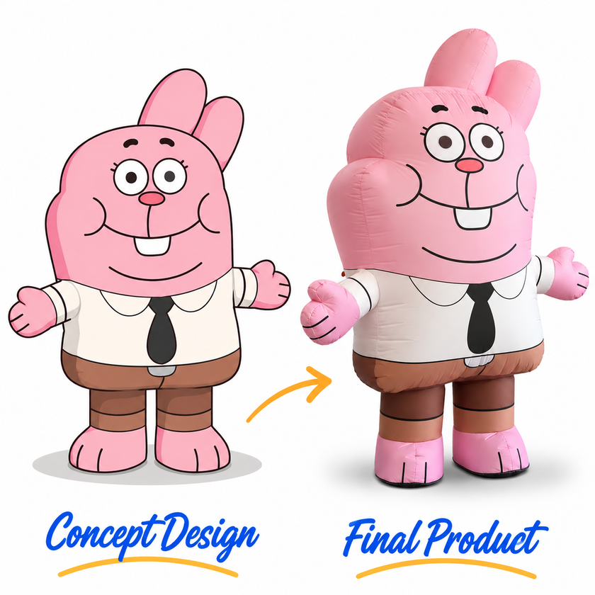Large pink inflatable rabbit mascot costume with long ears, buck teeth, white shirt, black tie and rounded inflatable body.
