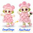 Pink flower girl mascot costume with rose-shaped hair decorations, green leaf accents, large cartoon eyes and layered petal dress.
