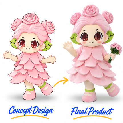 Pink flower girl mascot costume with rose-shaped hair decorations, green leaf accents, large cartoon eyes and layered petal dress.