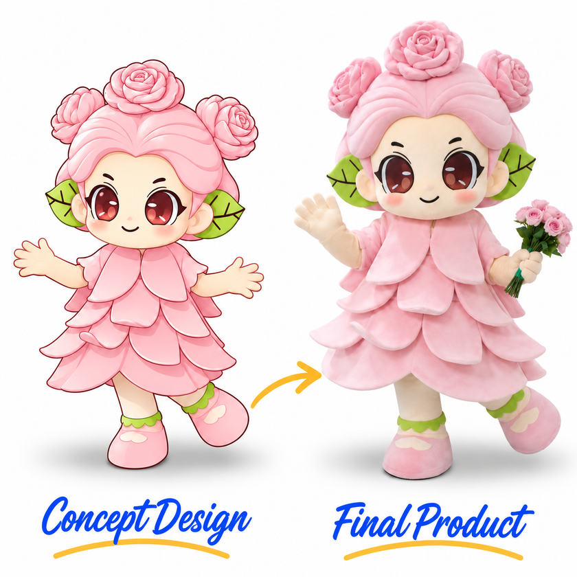 Pink flower girl mascot costume with rose-shaped hair decorations, green leaf accents, large cartoon eyes and layered petal dress.