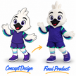 White cartoon bird mascot costume with purple eyes, black beak, purple-and-green sports uniform and purple sneakers.