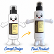 White cylindrical skincare bottle mascot costume with a black cap, smiling cartoon face, white arms and matching footwear.