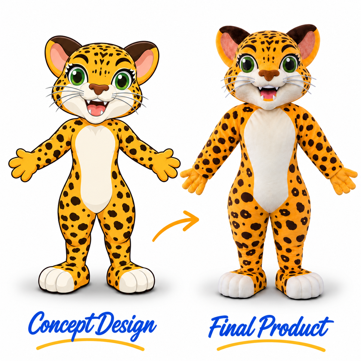 Full-body yellow leopard mascot costume featuring dark spotted patterns, large green eyes, white belly, whiskers and oversized white paws.