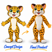 Full-body yellow leopard mascot costume featuring dark spotted patterns, large green eyes, white belly, whiskers and oversized white paws.