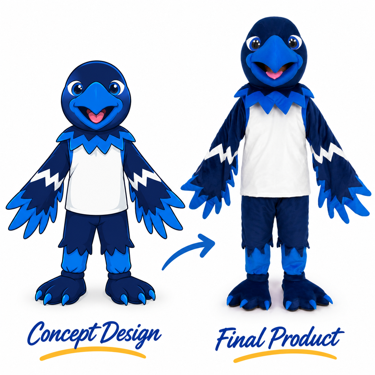 Custom blue bird mascot costume with navy blue feathers, bright blue wings, white chest and matching 2D concept design.