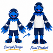Custom blue bird mascot costume with navy blue feathers, bright blue wings, white chest and matching 2D concept design.
