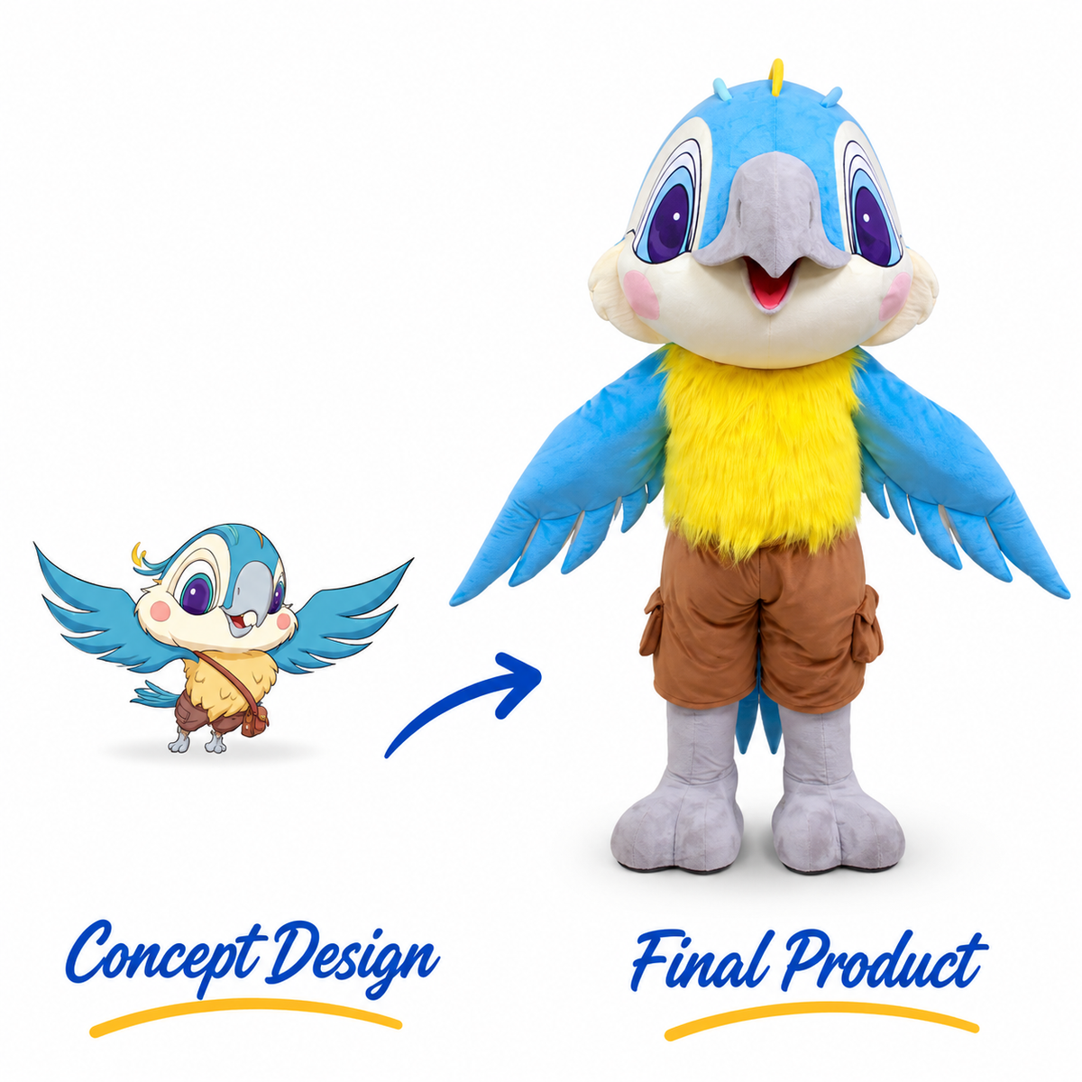 Custom blue bird mascot costume with large purple eyes, blue wings, a bright yellow feathered chest, brown shorts and gray feet.