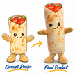 Custom burrito mascot costume with toasted tortilla texture, smiling face, colorful vegetable filling and matching 2D concept design.