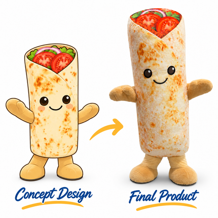 Custom burrito mascot costume with toasted tortilla texture, smiling face, colorful vegetable filling and matching 2D concept design.