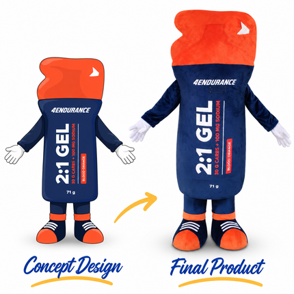 Custom energy gel packet mascot costume in navy blue and orange with white gloves, matching shoes and printed packaging details.