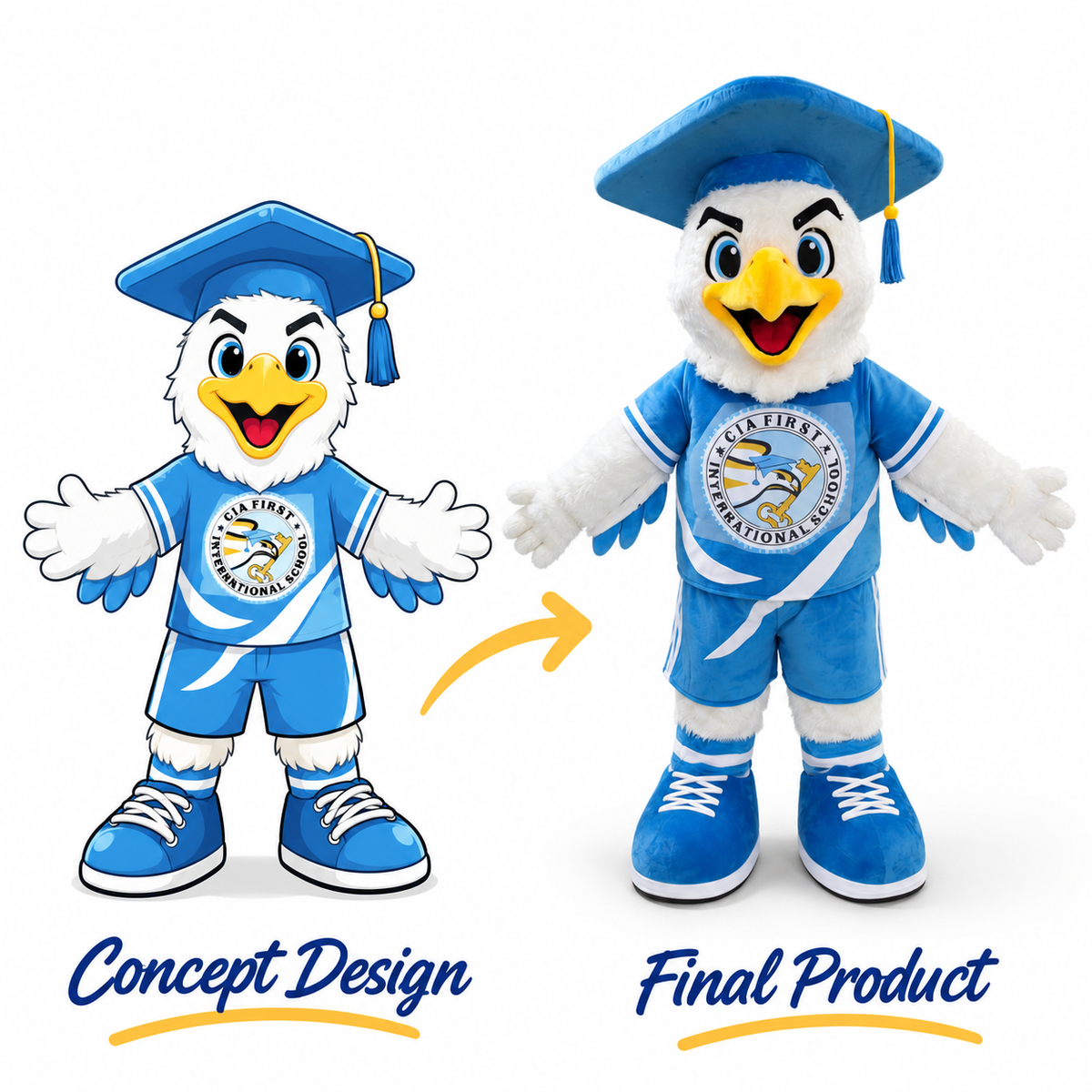 Custom graduation eagle mascot costume wearing a blue graduation cap, blue school uniform and matching sneakers, shown alongside its 2D concept design.