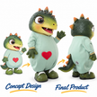 Custom green dinosaur mascot costume with textured scales, mint green body, red heart detail and matching concept design.