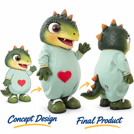 Custom green dinosaur mascot costume with textured scales, mint green body, red heart detail and matching concept design.