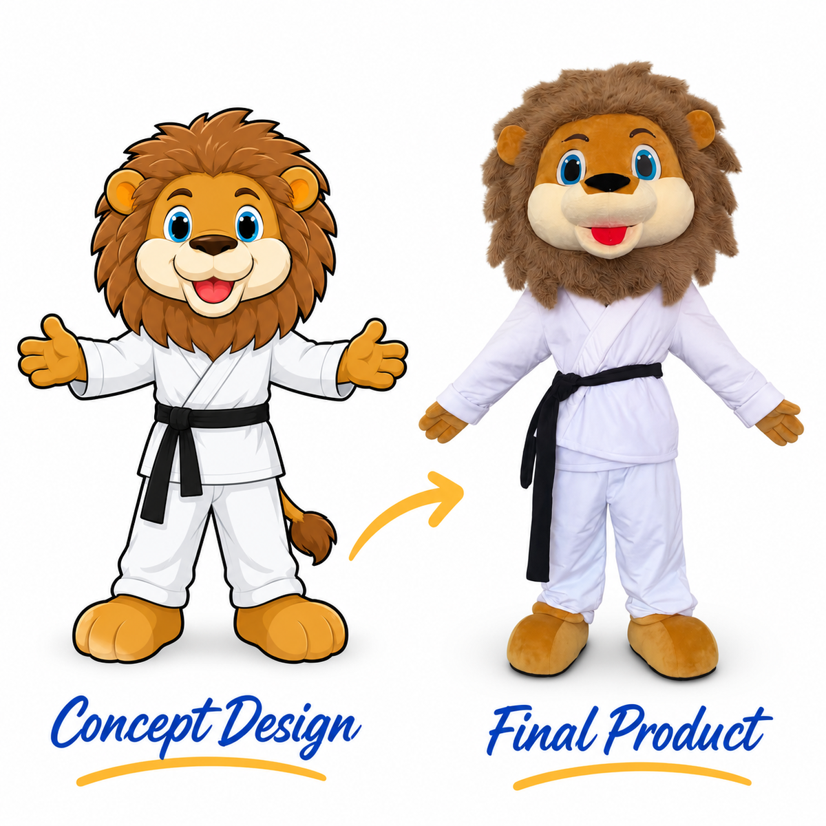 Custom karate lion mascot costume with a brown mane, blue eyes, white martial arts uniform and black belt, shown alongside its 2D concept design.