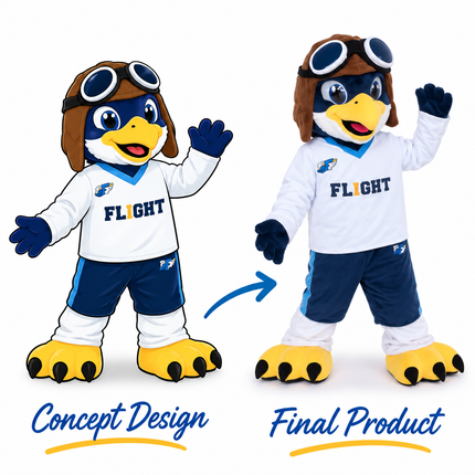 Custom pilot bird mascot costume with aviator goggles, a yellow beak, white flight jersey, navy pants and yellow bird feet.