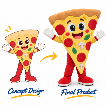 Custom pizza slice mascot costume with smiling face, pepperoni toppings and red shoes