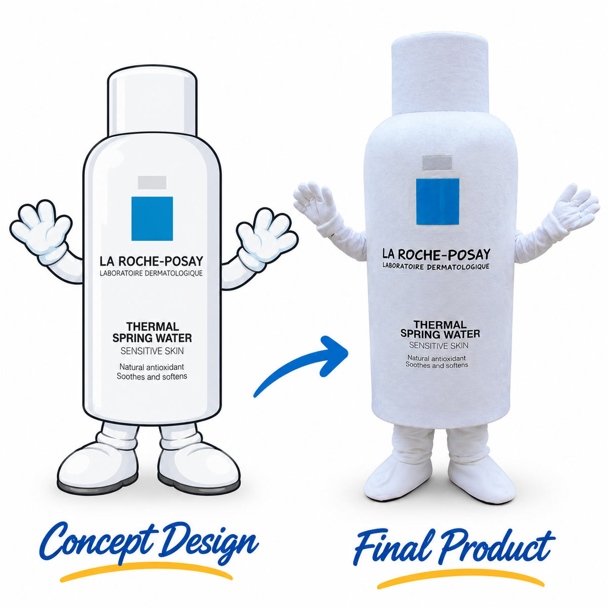 Custom white skincare bottle mascot costume with a blue label, white gloves and shoes, shown alongside its 2D concept design.