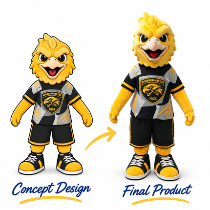 Custom yellow eagle mascot costume wearing a black and gold sports uniform with matching sneakers, shown alongside its 2D concept design.